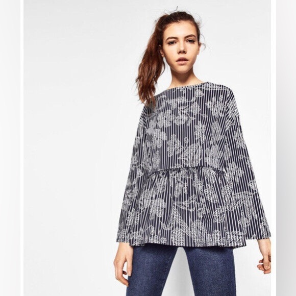 Zara | Floral and Stripes Peplum Top - Picture 3 of 13
